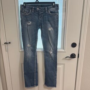 Women’s Silver Distressed Tuesday Baby Boot Cut Jeans Size 30x33